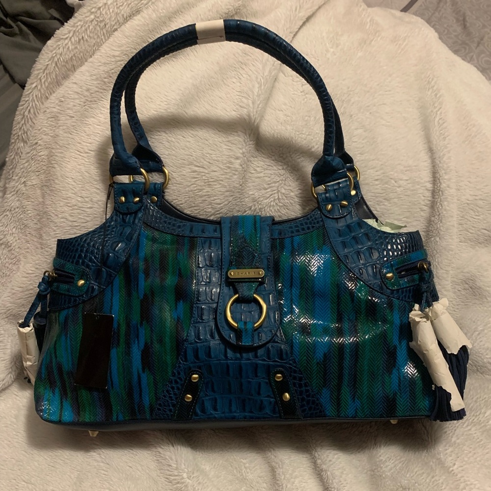 NWT Sharif Studio 3-Pc Set Blue Green Croc Leather Tassel Satchel Wristlet